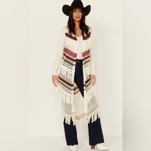 SHYANNE Women’s Long Striped Crochet Fringe Sweater Vest Duster Rodeo Boho S/M